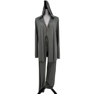 Three Dots Track Suit Womens Medium Gray Hooded Open Front Tie Waist Loungewear